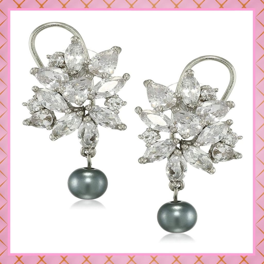 Estele Rhodium Plated American Diamond Pear Marquise cluster Grey Pearl Drop Earrings for women