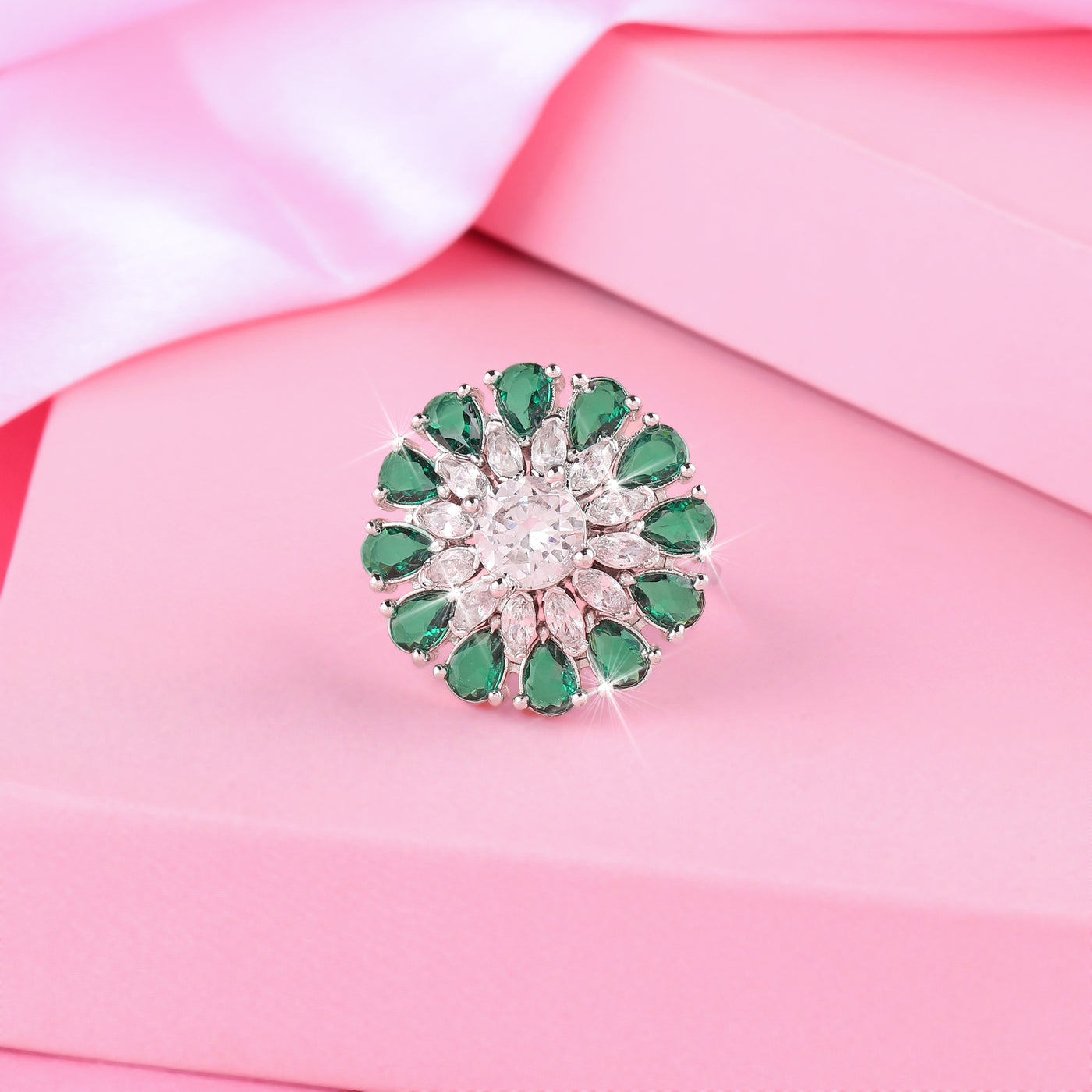 Estele Rhodium Plated CZ Adjustable Classic Flower Shaped Emerald/ Green Finger Ring for Women