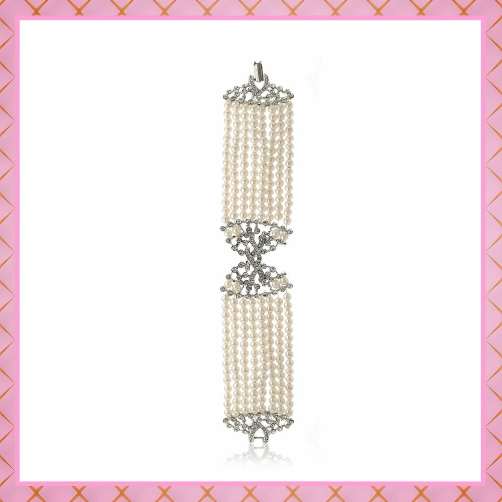 White Faux Pearl Charm Bracelet With Austrian Crystals