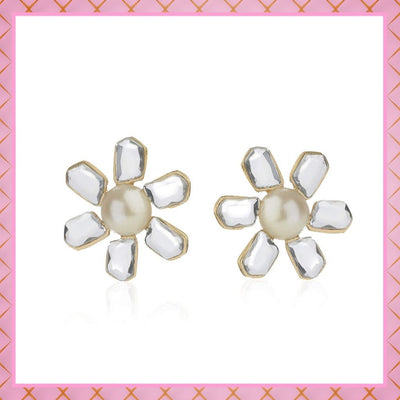 Estele Mirror kundan with white pearl flower petal studs for women