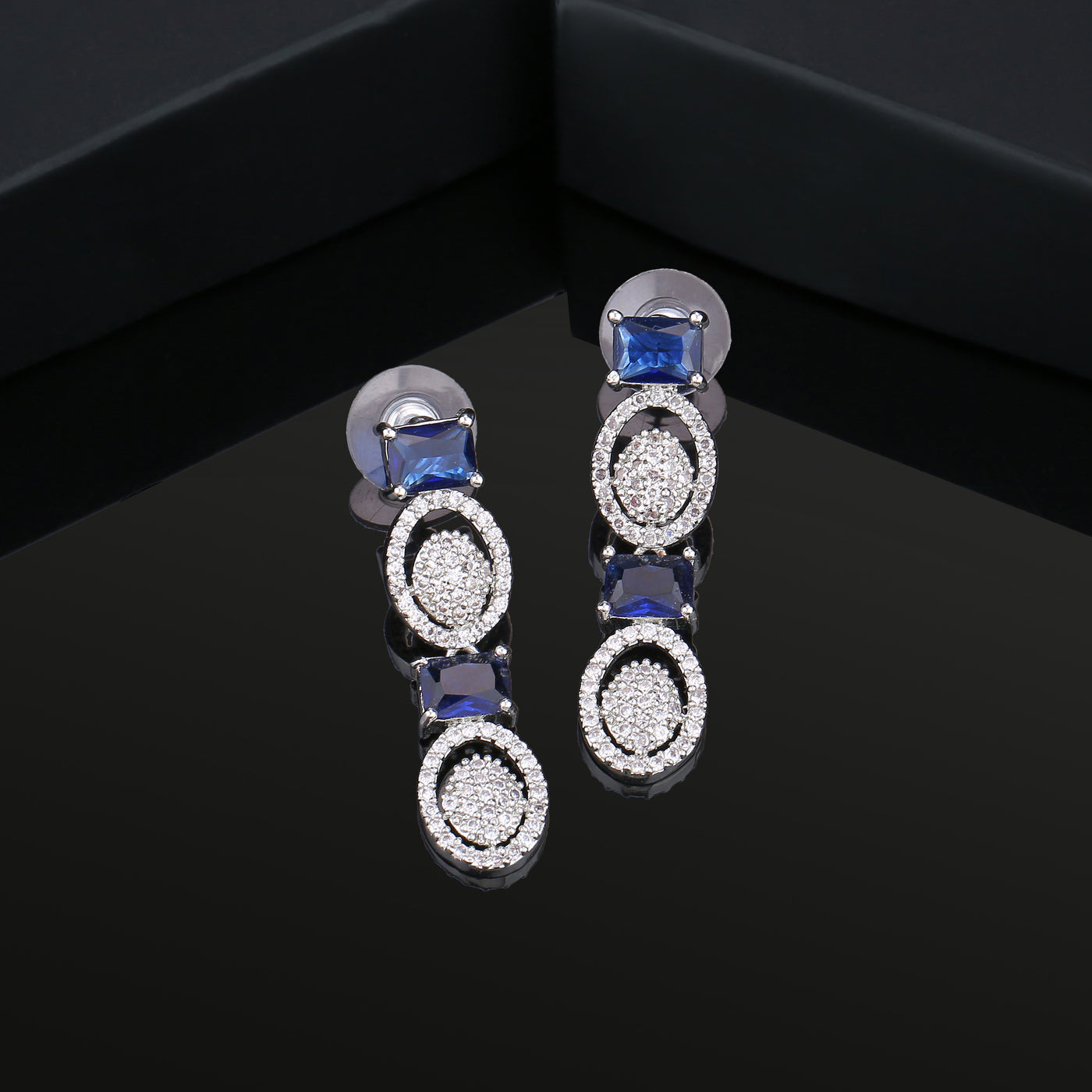 Estele Rhodium Plated CZ Ravishing Earrings with Blue Crystals for Women
