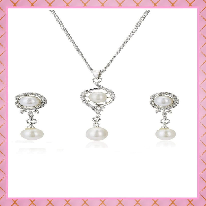 Estele Rhodium Plated CZ Elegant Pearl Drop Pendant Set for Women / Girls