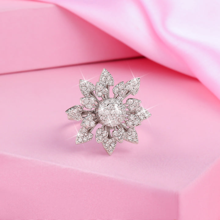 Estele Rhodium Plated CZ Adjustable Glorious Floral Shaped Finger Ring for Women