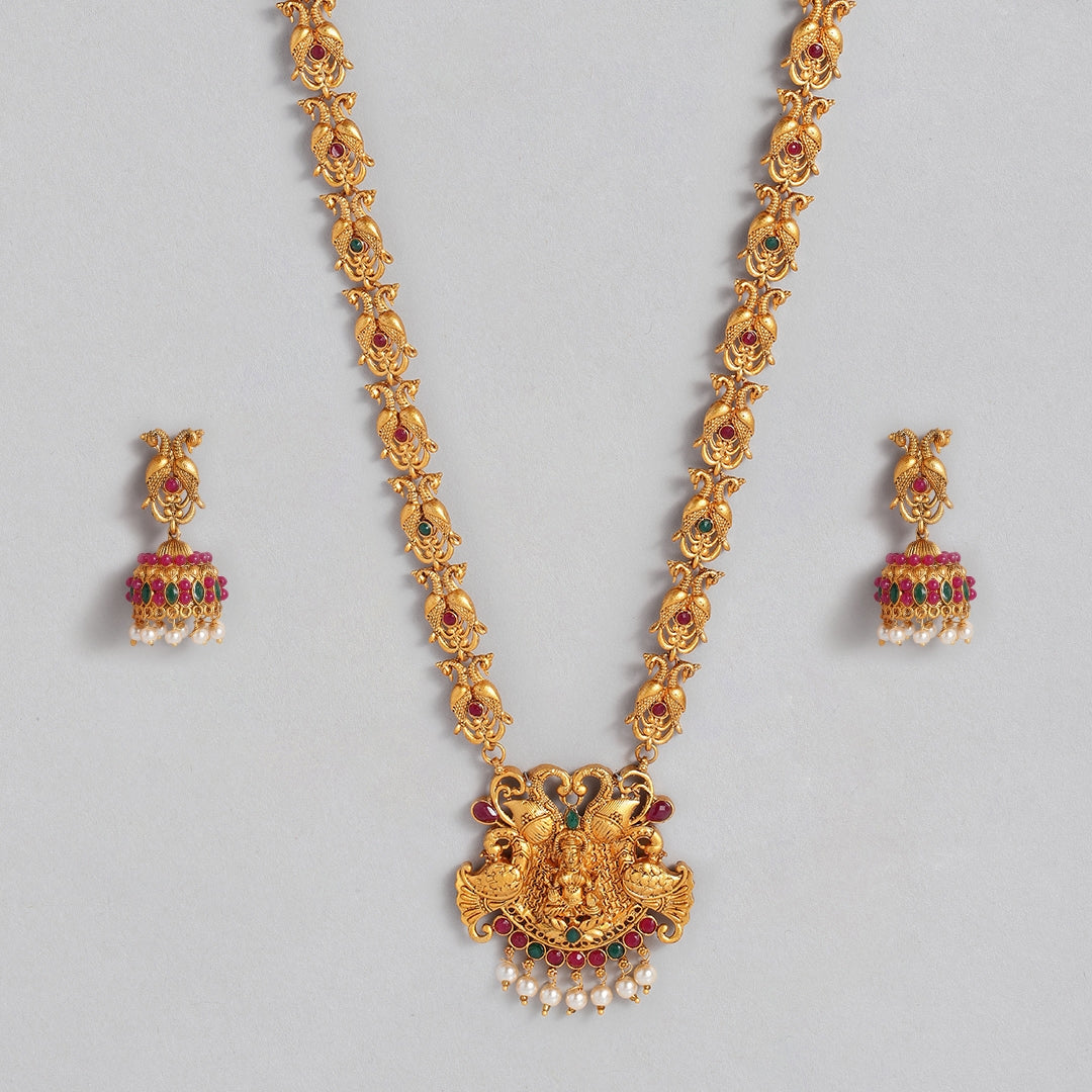 Estele Gold Plated Pure & Blessed Lakshmi Ji with Peacocks Nakshi Temple Necklace Set for Women with Colored Stones & Pearls