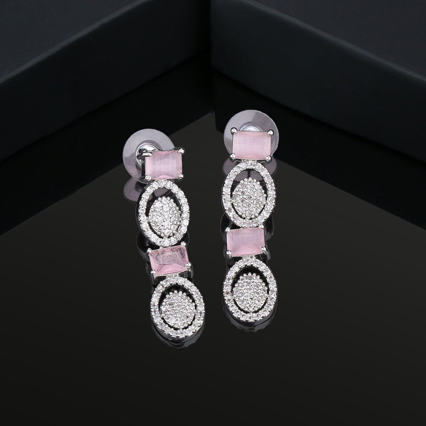 Estele Rhodium Plated CZ Sparkling Earrings with Mint Pink Crystals for Women