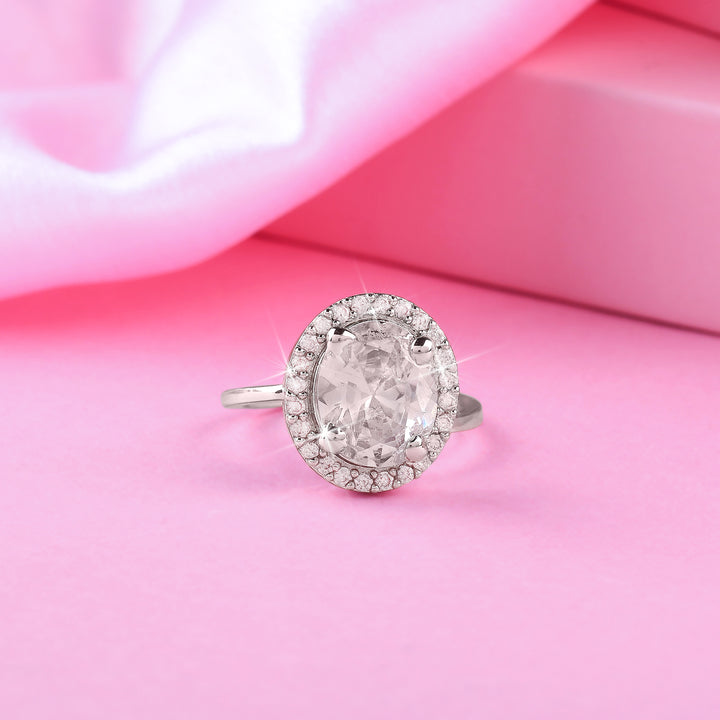 Estele Rhodium Plated CZ Adjustable Round Halo Solitaire Finger Ring for Women