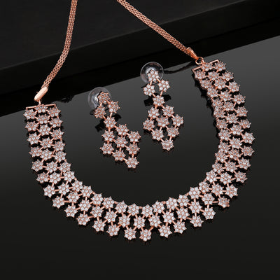Estele Rose Gold Plated CZ Dazzling Necklace Set for Women