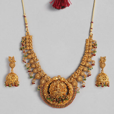 Estele Matt Gold Finish Divine Lakshmi Ji with Peacocks Nakshi Temple Necklace Set for Women with Colored Stones and Beads