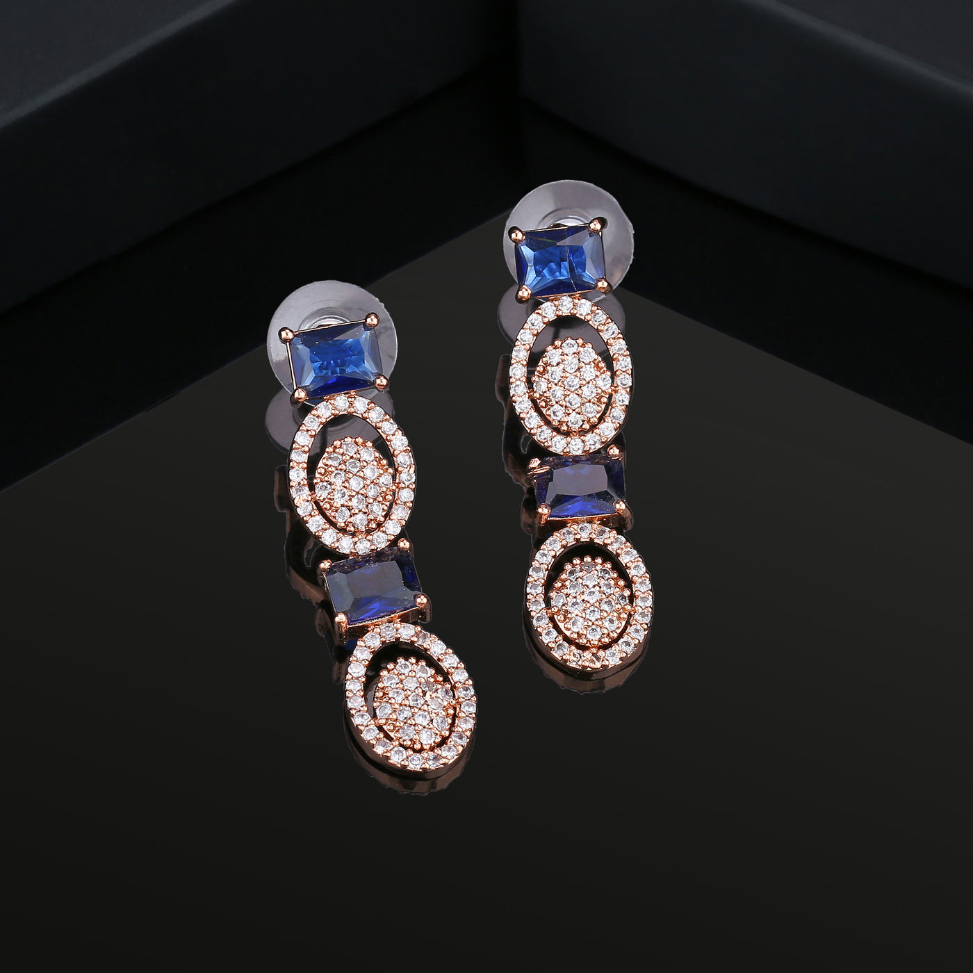 Estele Rose Gold Plated CZ Sparkling Earrings with Blue Crystals for Women