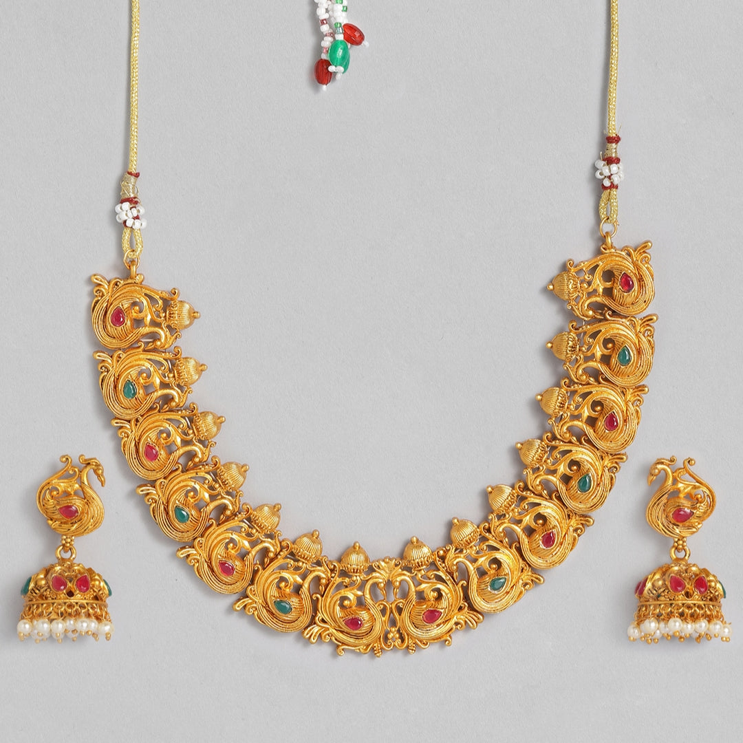 Estele - Gold Plated Holy Swans Designer Nakshi Temple Necklace Set with Colored Stones and Pearls for Women