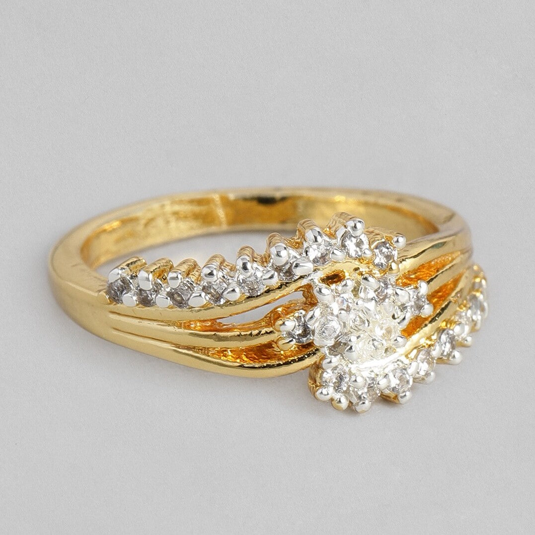 Estele gold plated 3 lines fancy ring with American diamond for women ( non adjustable)
