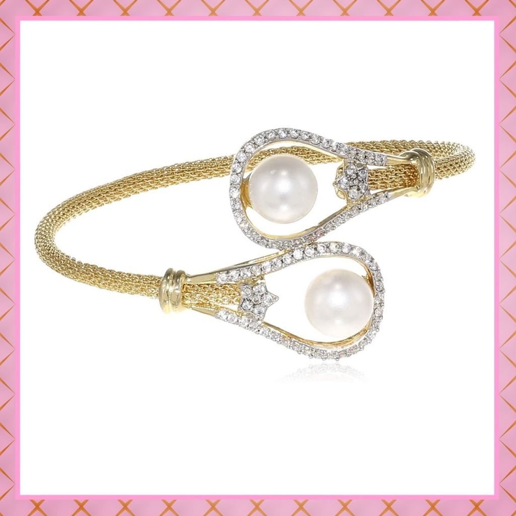 Estele Gold Plated Pearl Drop line Flower Cuff Bracelet for women