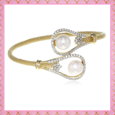 Estele Gold Plated Pearl Drop line Flower Cuff Bracelet for women