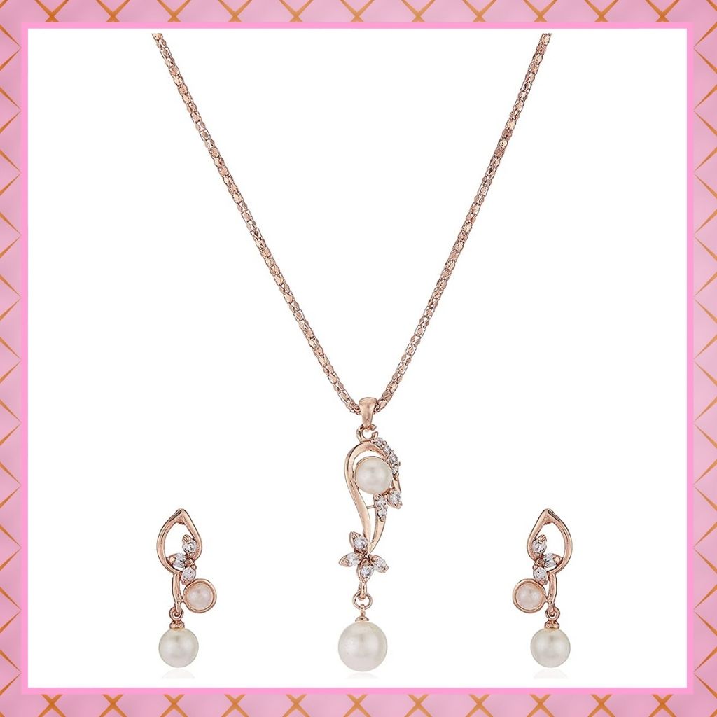 Estele Rose Gold Plated Pearl Drop with American Diamonds Pendant Set for Women