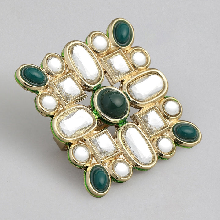 Estele Gold plated white polki kundan stones with green beads for women( non adjustable)