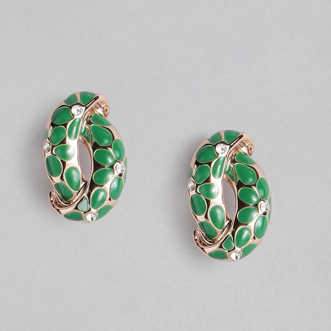 Estele ROSE  Gold Plated Earrings With Green Coloured Flower Print For Women