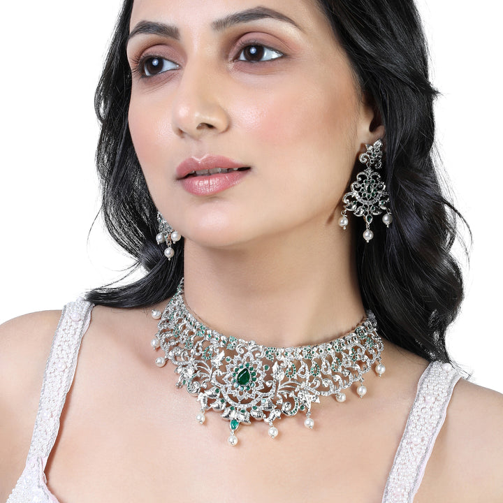 Estele Rhodium Plated CZ Magnificent Bridal Choker Necklace Set with Green Stones & Pearls for Women