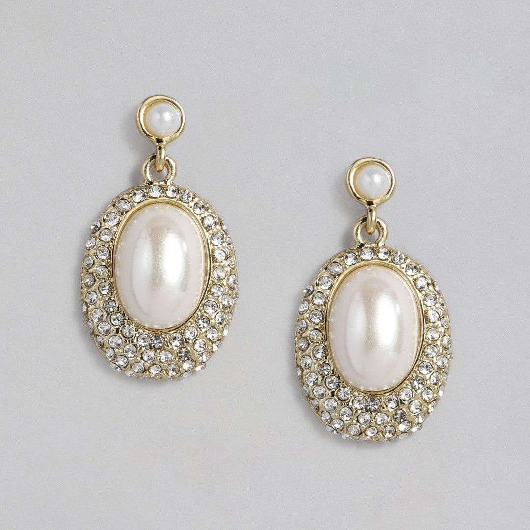 Estele  Gold Plated Oval frosted pearl Drop Earrings for women