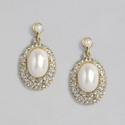 Estele Gold Plated Oval frosted pearl Drop Earrings for women