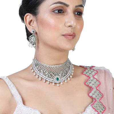 Estele Rhodium Plated Designer Traditional Bridal Choker Set with Pearls & Green Stones for Women