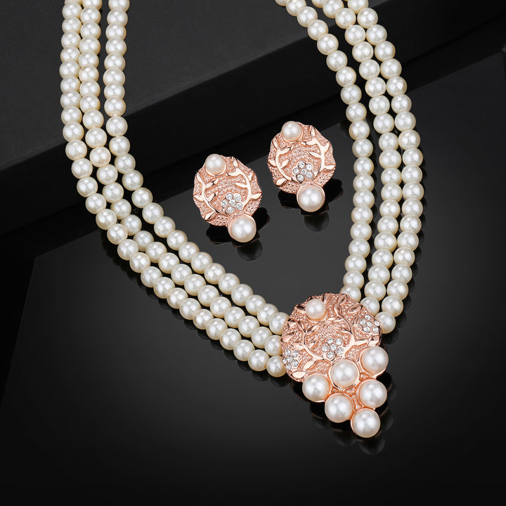 Estele Rose Gold Plated Sparkling Necklace Set with Pearls for Women