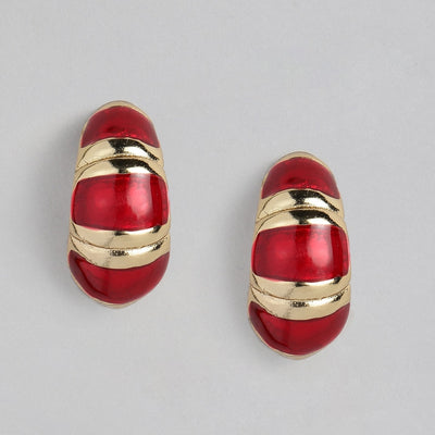 Estele   Gold Plated Red Enamel Ribbed Stud Earrings for women