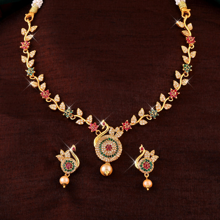 Gold Plated CZ Beautiful Draw String Peacock Designer Necklace Set