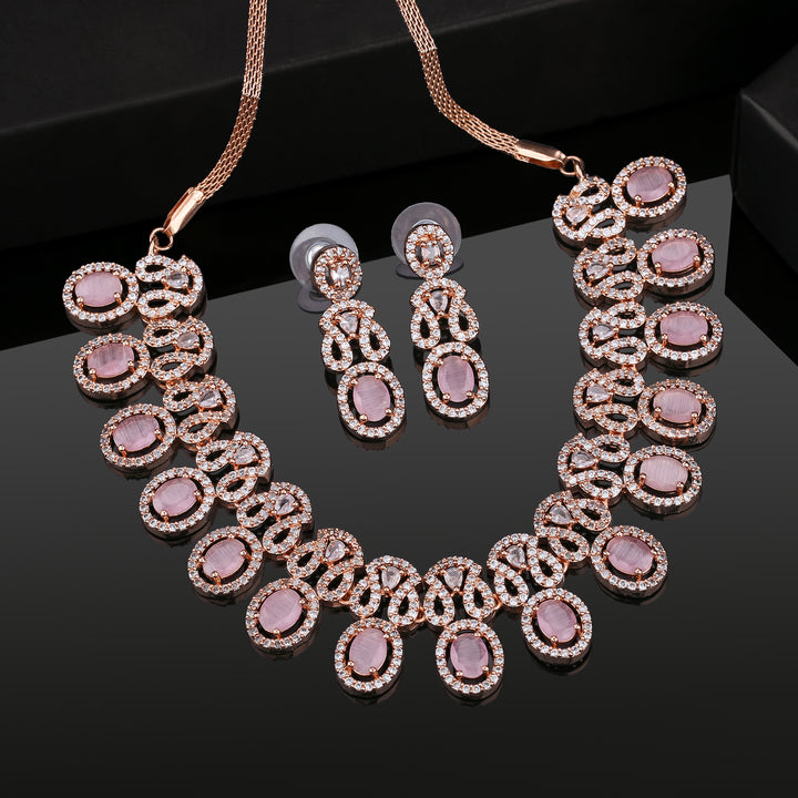 Estele Rose Gold Plated CZ Ravishing Necklace Set with Mint Pink Crystals for Women