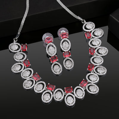 Estele Rhodium Plated CZ Circular Designer Necklace Set with Pink Crystals for Women
