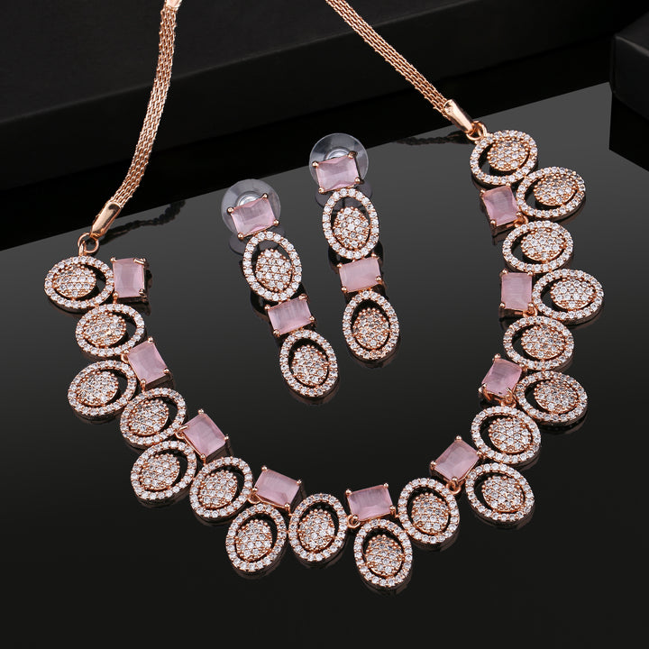 Estele Rose Gold Plated CZ Astonishing Necklace Set with Mint Pink Crystals for Women