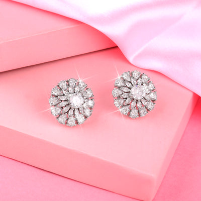 Estele Rhodium Plated CZ Sparkling Flower Designer Stud Earrings for Women