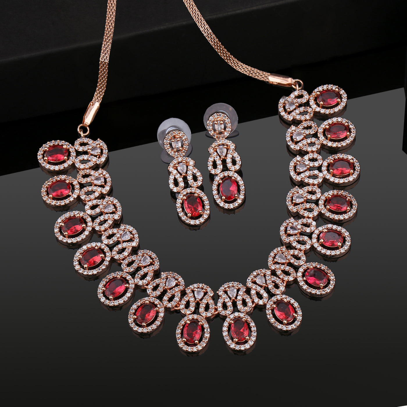 Estele Rose Gold Plated Dazzling Necklace Set with Ruby Stones for Women