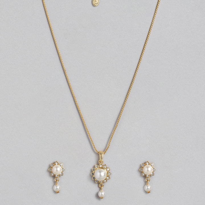 Estele Gold Plated Trendy and Fancy Flower Pearl with Austrian Crystal Pendant Set for Women / Girls