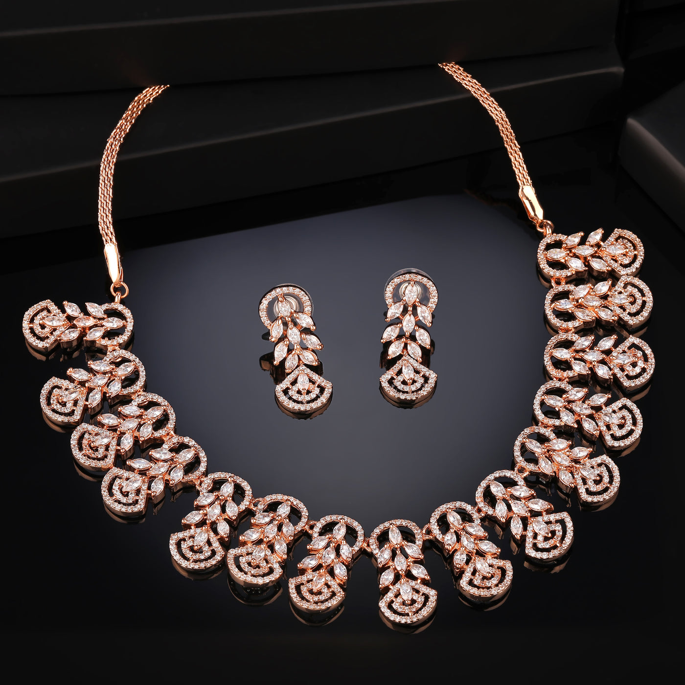 Estele Rose Gold Plated CZ Marquise Melody Necklace Set for Women