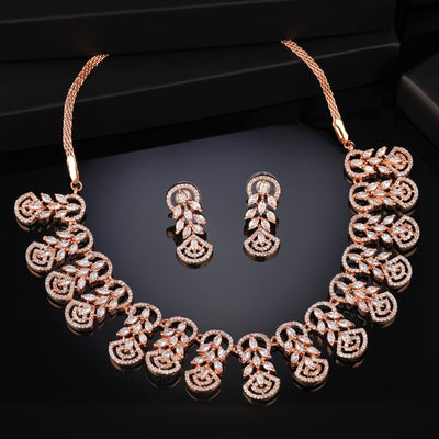 Estele Rose Gold Plated CZ Marquise Melody Necklace Set for Women