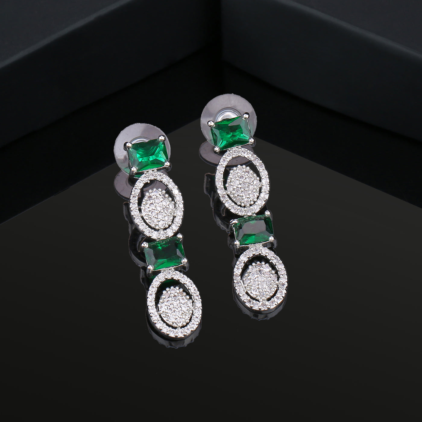 Estele Rhodium Plated CZ Adorable Earrings with Green Crystals for Women