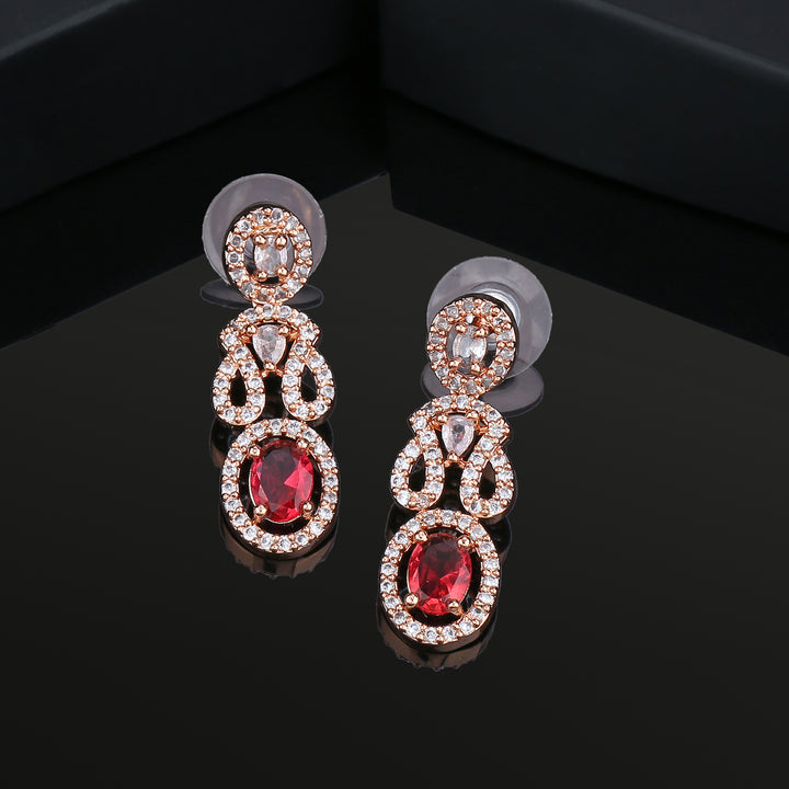 Estele Rose Gold Plated CZ Sparkling Earrings with Ruby Crystals for Women