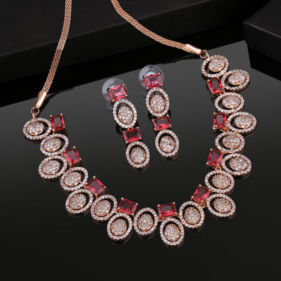 Estele Rose Gold Plated CZ Marvelous Necklace Set with Pink Crystals for Women