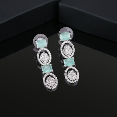 Estele Rhodium Plated CZ Amore Designer Earrings with Mint Green Crystals for Women