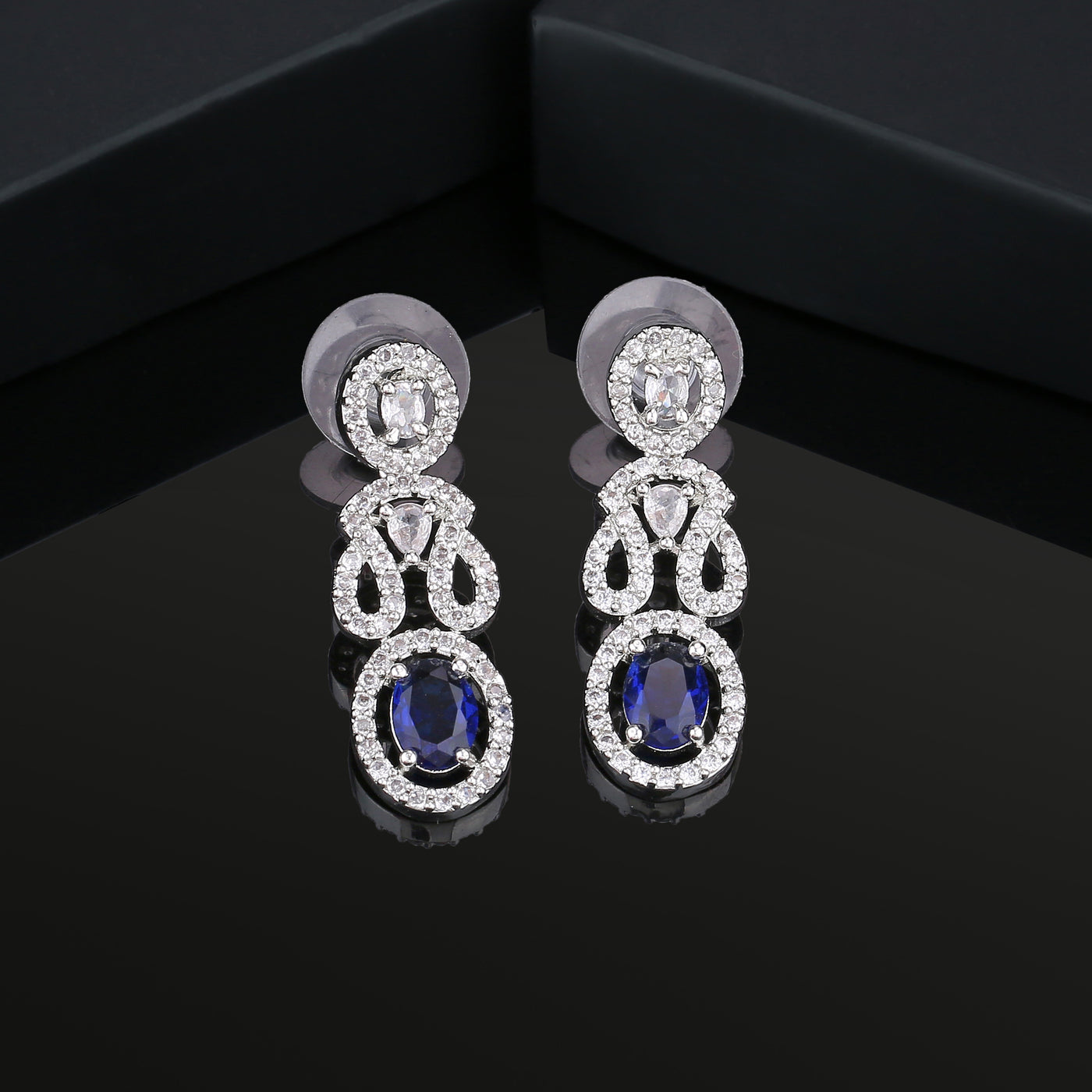 Estele Rhodium Plated CZ Dazzling Earrings with Blue Crystals for Women