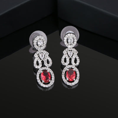 Estele Rhodium Plated CZ Graceful Earrings with Ruby Crytsals for Women