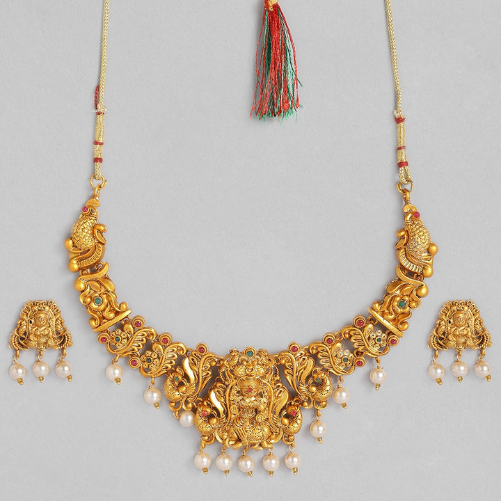 Estele Gold Plated Sacred Godess Lakshmi Nakshi Temple Necklace Set with Colored Stones & Pearls for Women
