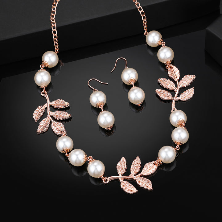 Estele Rose Gold Plated Leaf Designer Necklace Set with Pearls for Women