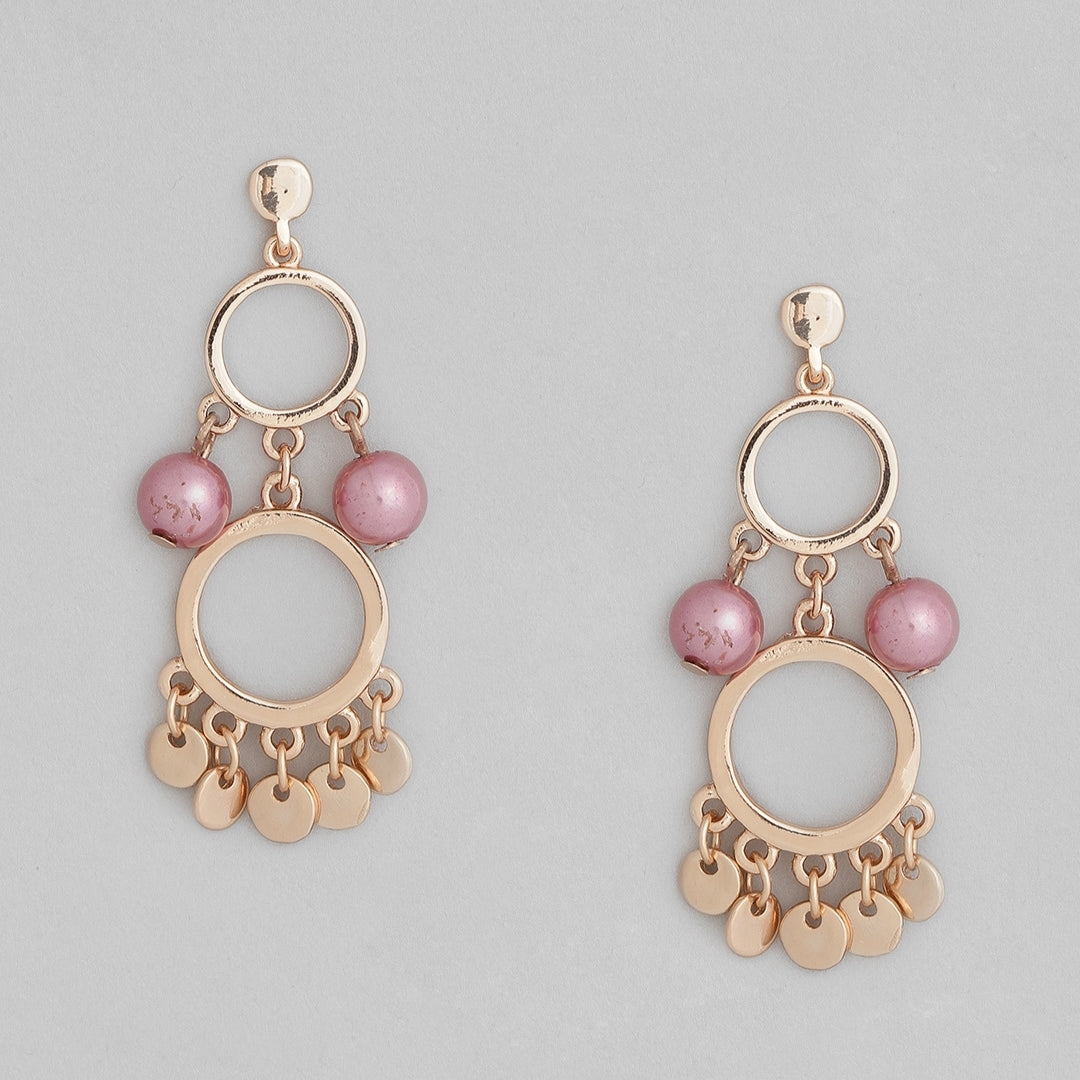 Estele Rose Gold Plated Double circle pearl disc Dangle Earrings For Women
