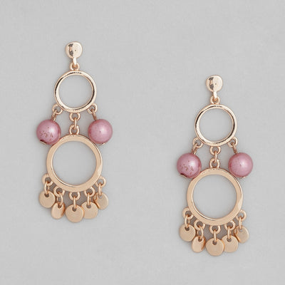 Estele Rose Gold Plated Double circle pearl disc Dangle Earrings For Women