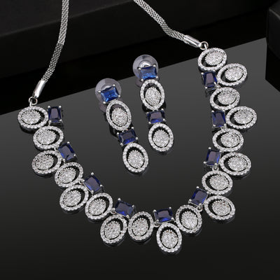Estele Rhodium Plated CZ Fascinating Necklace Set with Blue Crystals for Women
