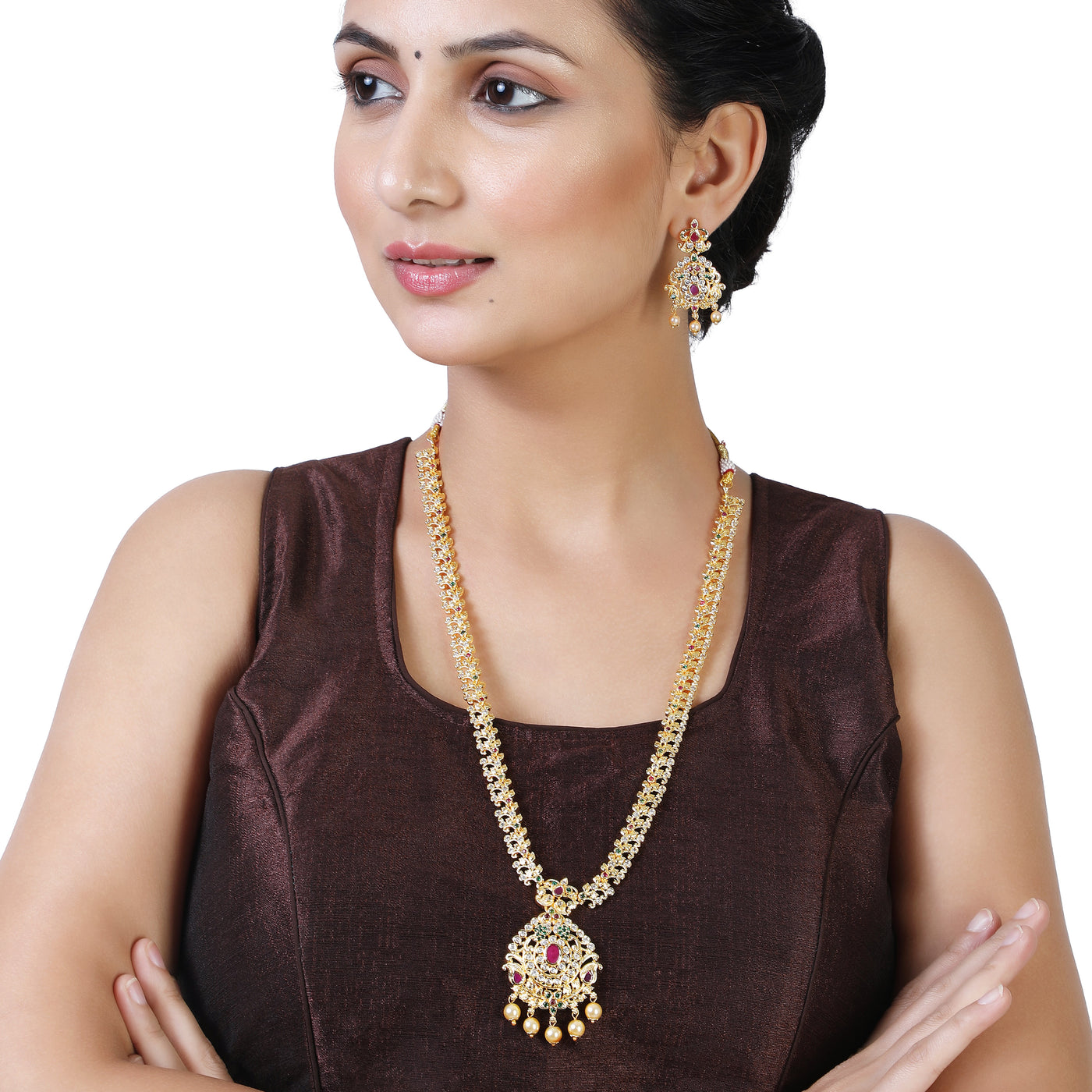 Estele Gold Plated CZ Designer Bridal Long Necklace set with Pearls & Colored Stones for Women