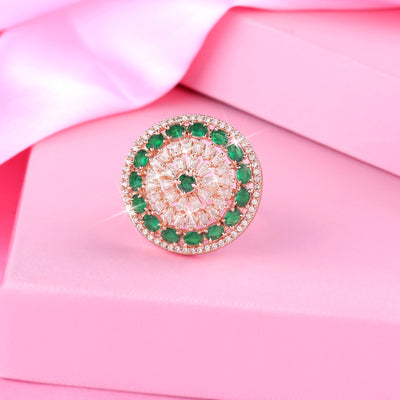 Estele Rose Gold Plated CZ Adjustable Gorgeous Flower Shaped Emerald/ Green Finger Ring for Women