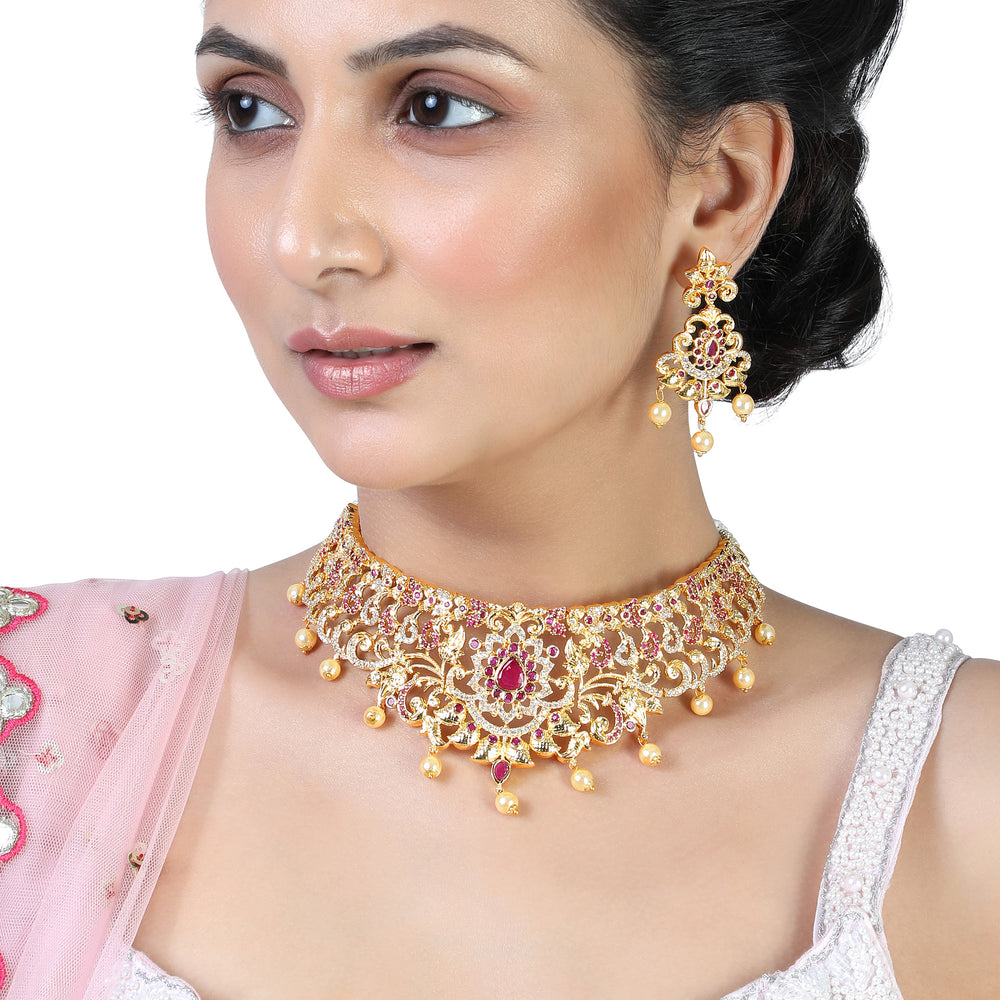 Gold Plated CZ Magnificent Bridal Choker Necklace Set with Colored