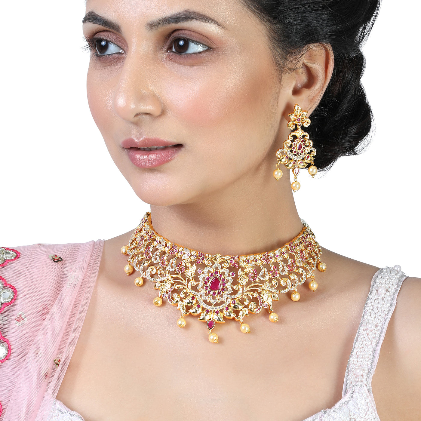 Estele Gold Plated CZ Magnificent Bridal Choker Necklace Set with Colored Stones & Pearls for Women